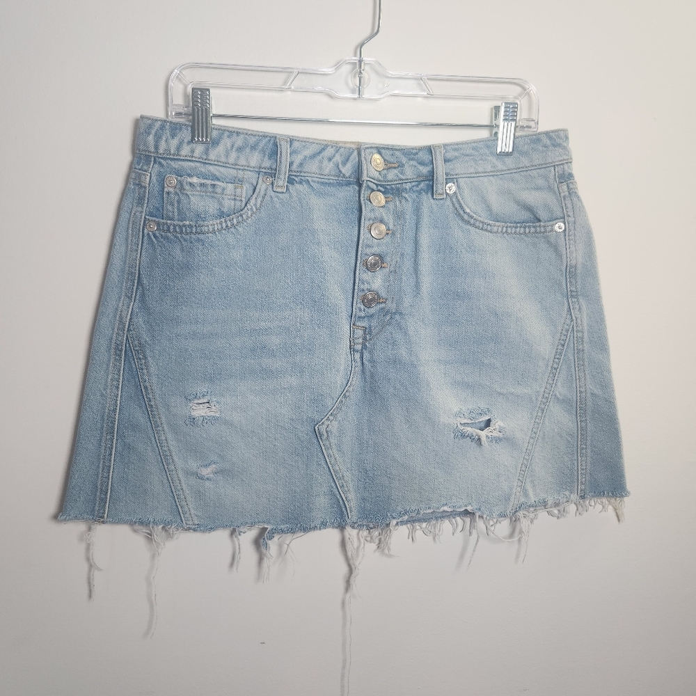 WE THE FREE Free People Distressed Denim A-line Skirt Jean Sz 31